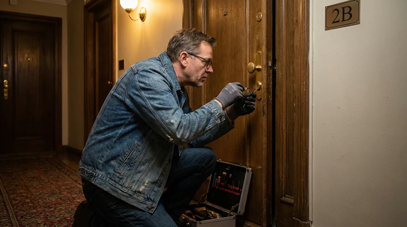 Un serrurier travaille sur un mécanisme de serrure, outils de précision en main, concentré dans un couloir d'immeuble