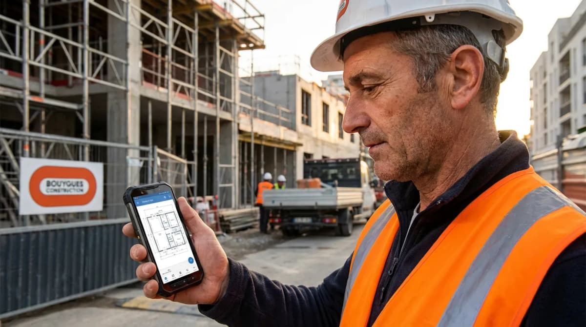 Artisan du bâtiment consultant des outils numériques sur son téléphone depuis un chantier