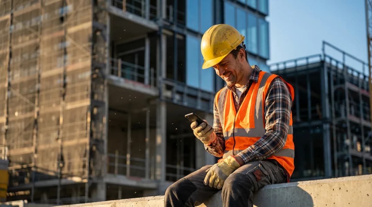 Artisan du bâtiment sur un chantier regardant son téléphone entre deux tâches