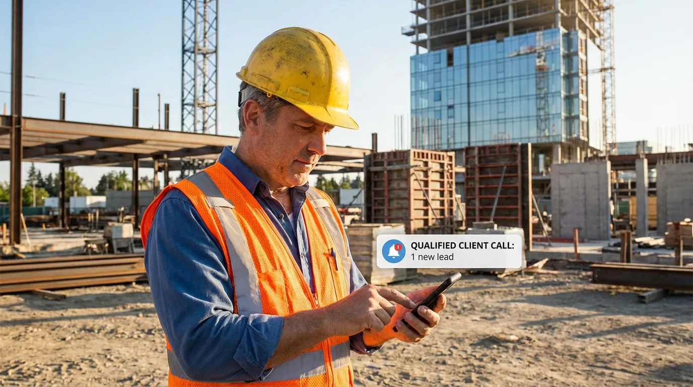 Artisan sur un chantier recevant une notification d'appel qualifié sur son smartphone