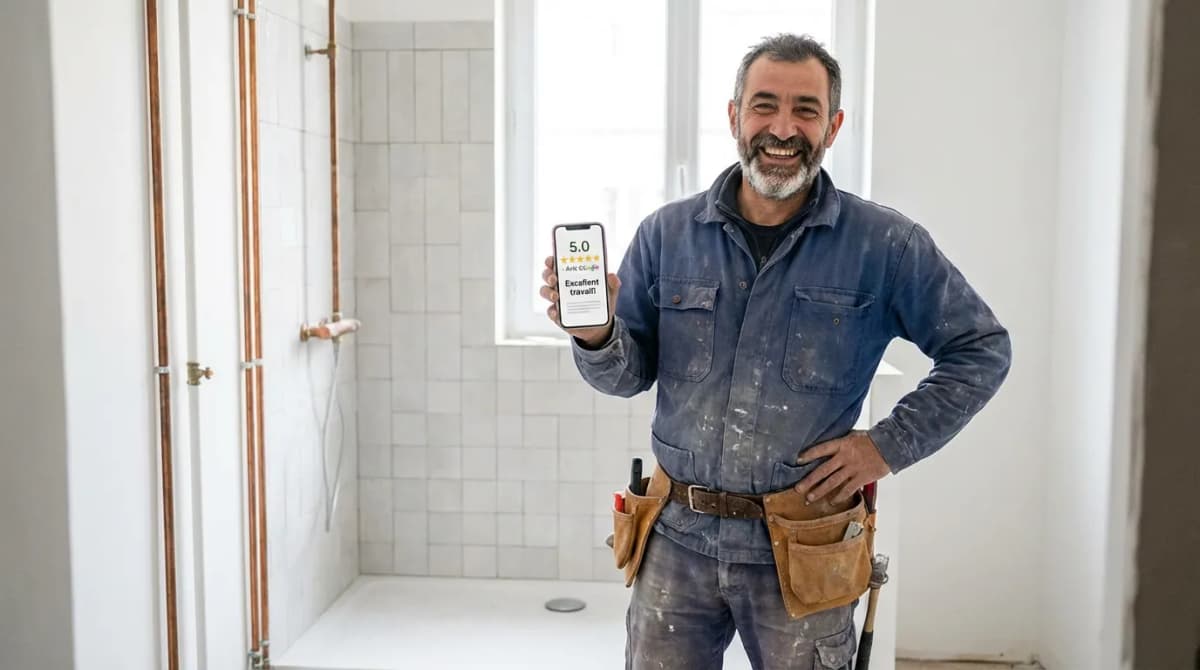 Artisan du bâtiment souriant en consultant des avis 5 étoiles sur son téléphone devant un chantier terminé