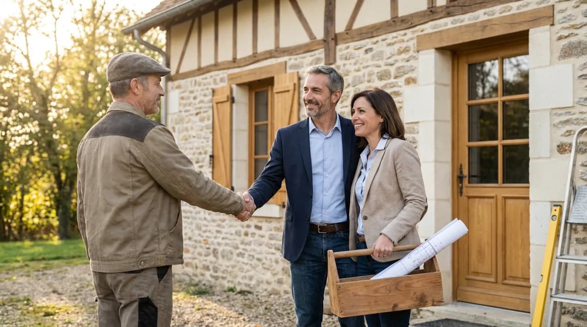 Artisan serrant la main d'un client satisfait devant une maison rénovée