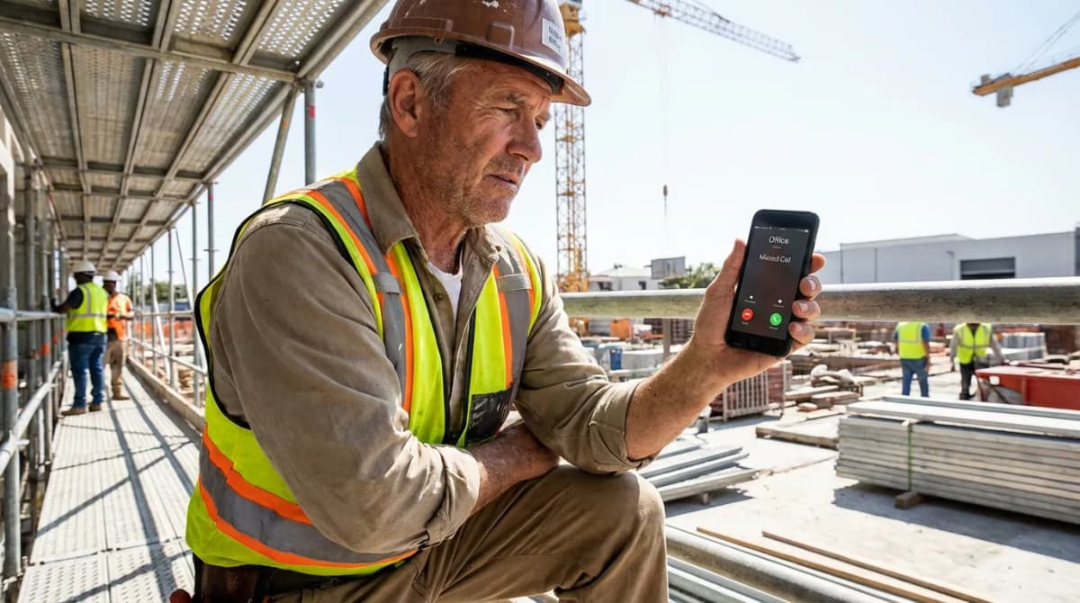 Artisan sur un chantier regardant un appel manqué sur son téléphone
