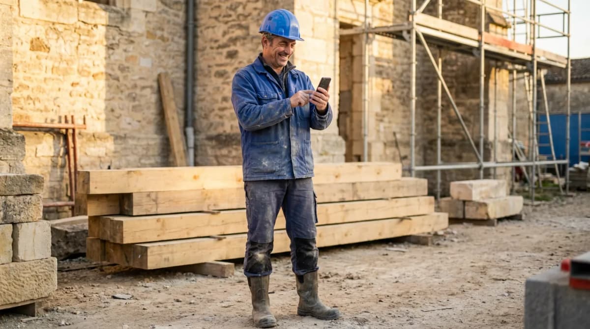 Artisan répondant à une demande de devis sur son téléphone portable