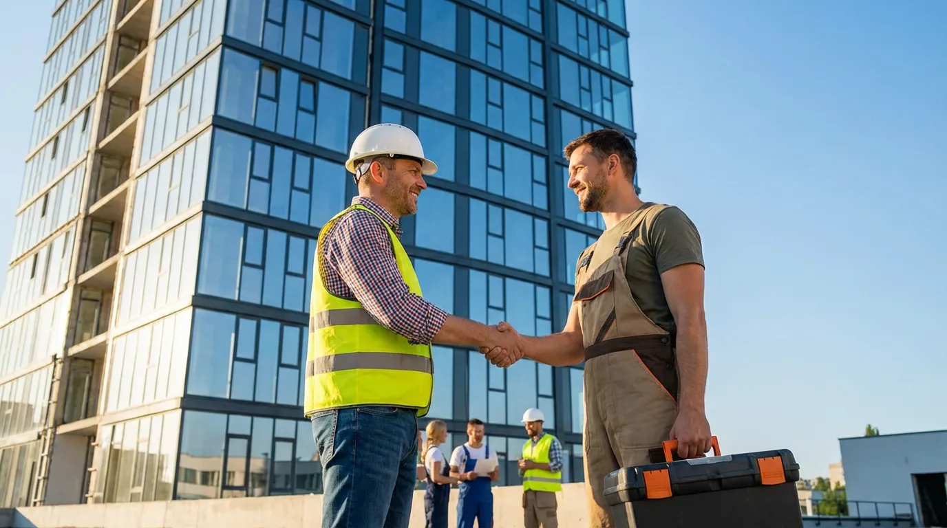 Chef d'entreprise artisan félicitant un compagnon sur un chantier terminé