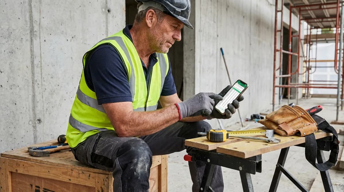 Artisan qui gère ses devis et factures depuis son téléphone sur chantier