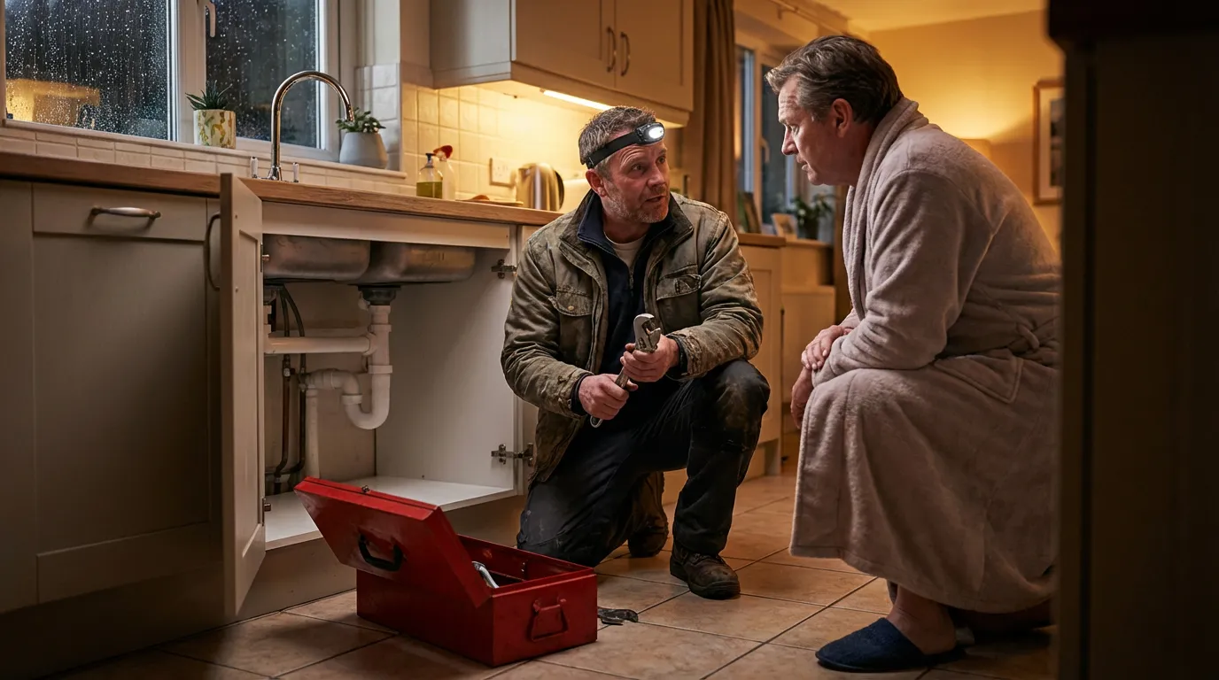 Plombier intervenant en urgence le soir chez un client avec sa boîte à outils