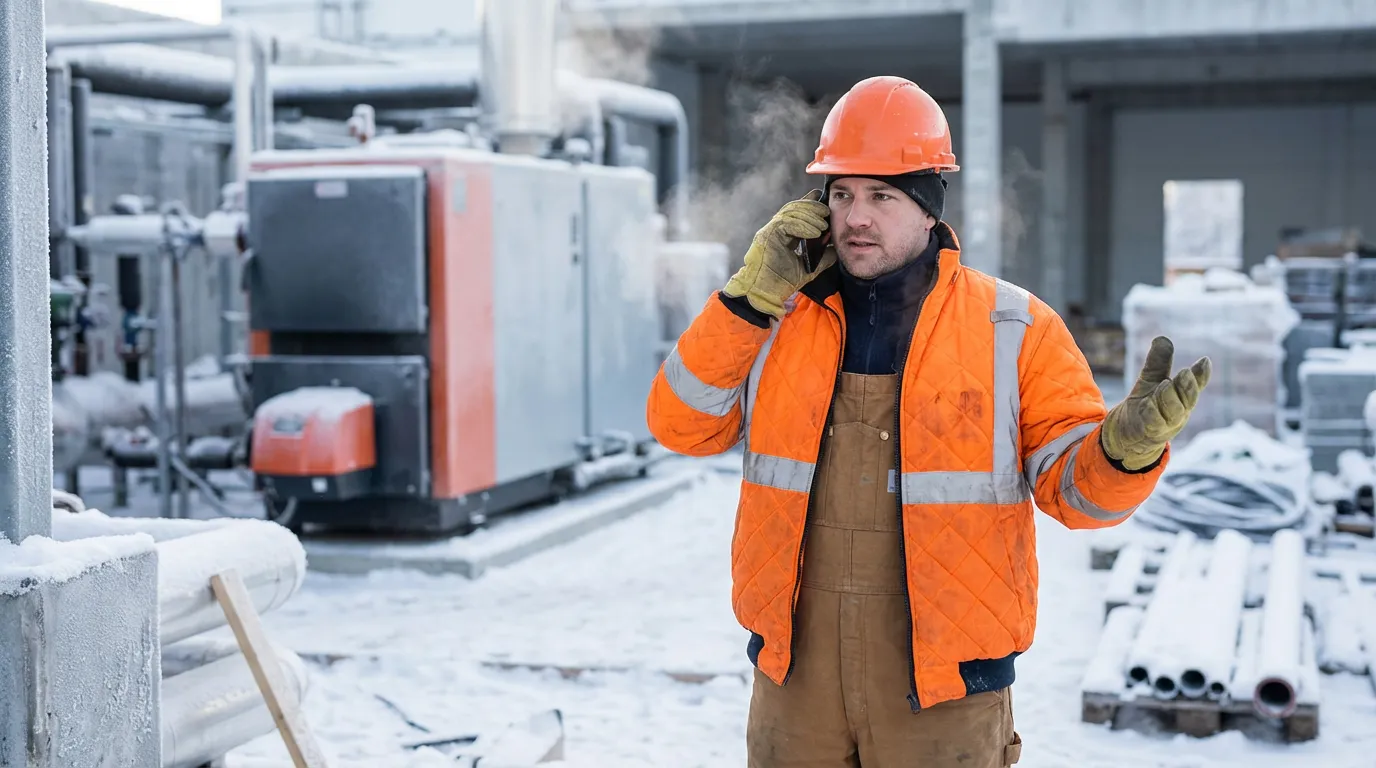Artisan chauffagiste au téléphone sur un chantier pendant la période hivernale de pics de demandes