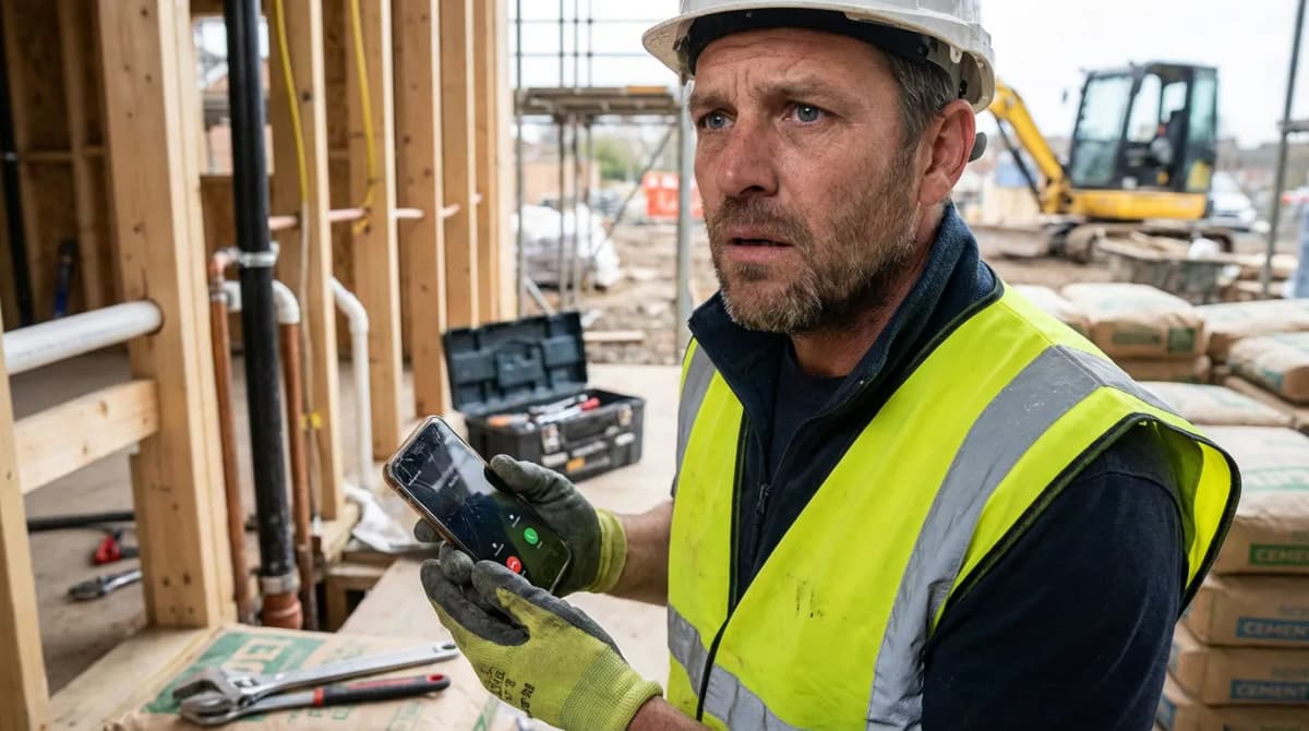 Plombier sur un chantier regardant son téléphone qui sonne