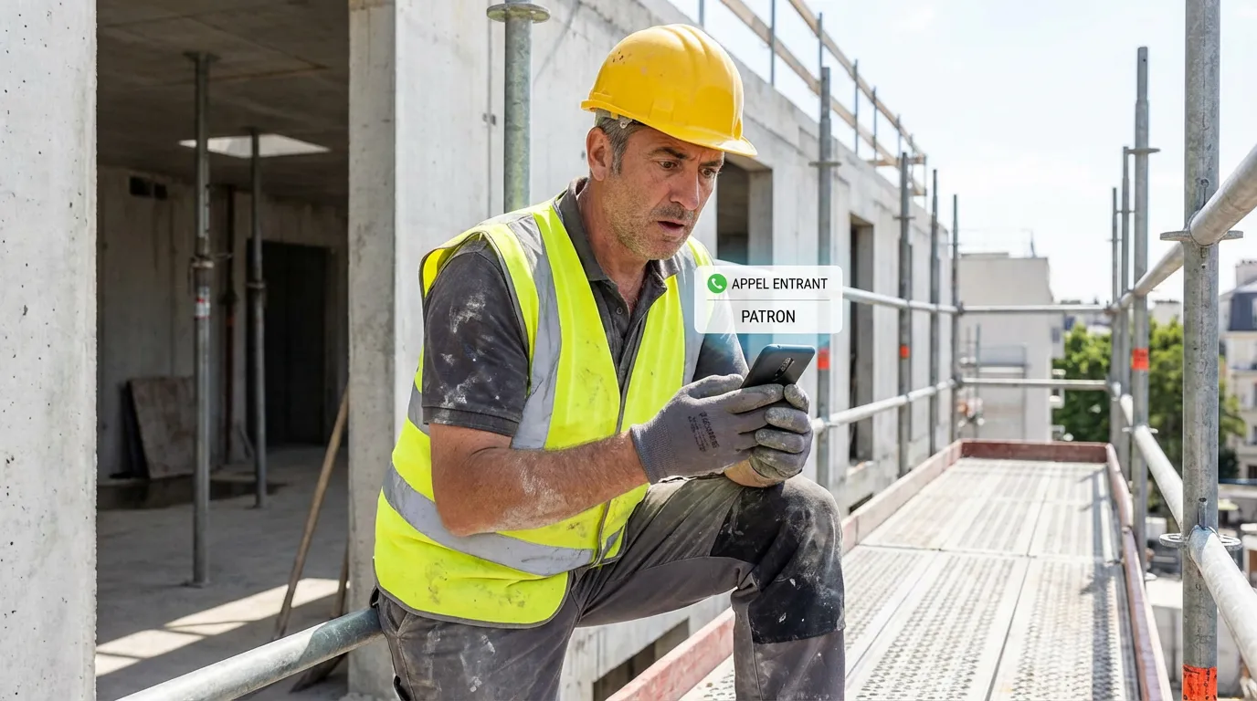 Artisan sur un chantier recevant une notification d'appel sur son téléphone