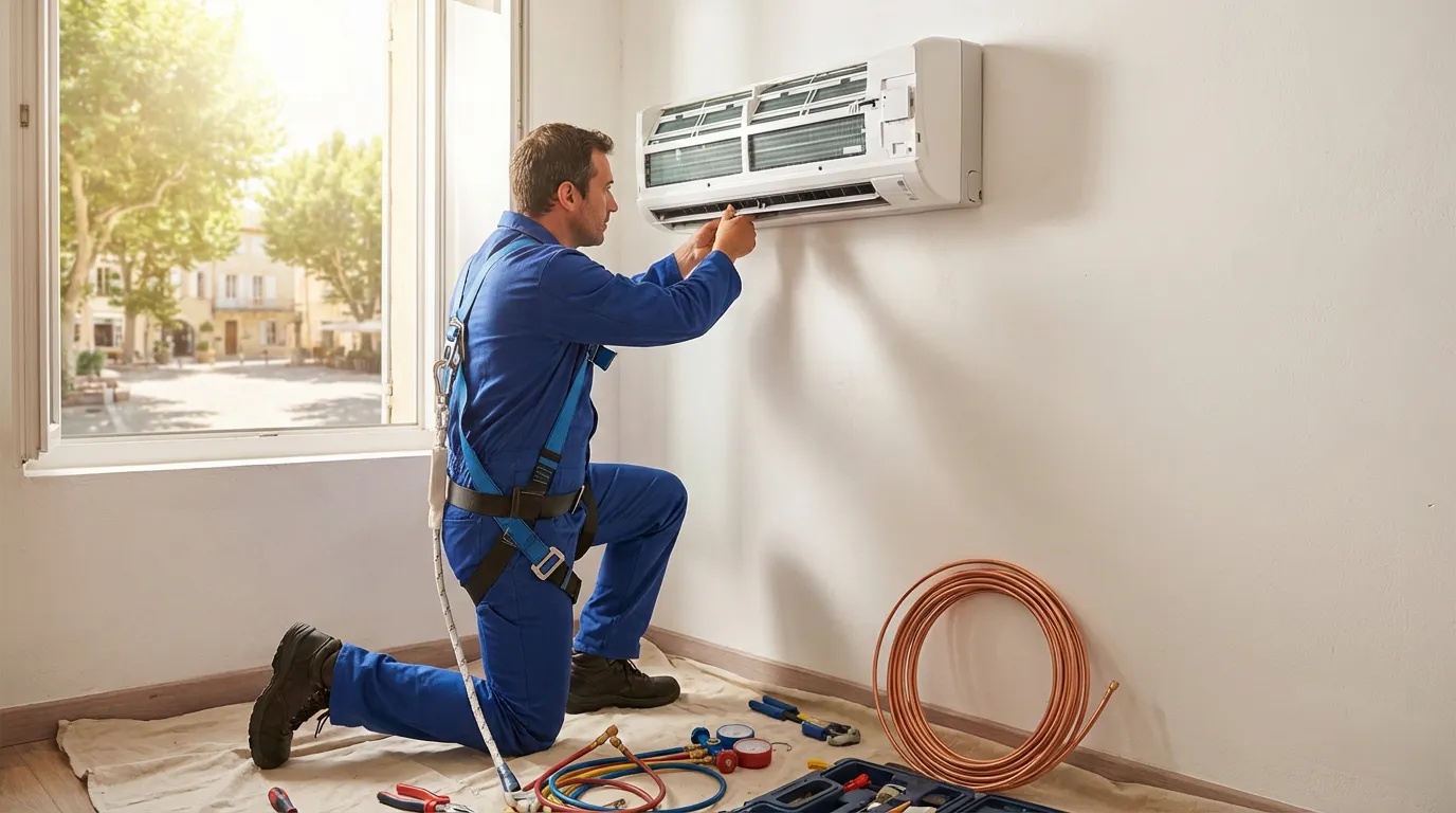 Un technicien climaticien installe une unité de climatisation sur un mur blanc, outils et lignes frigorifiques visibles