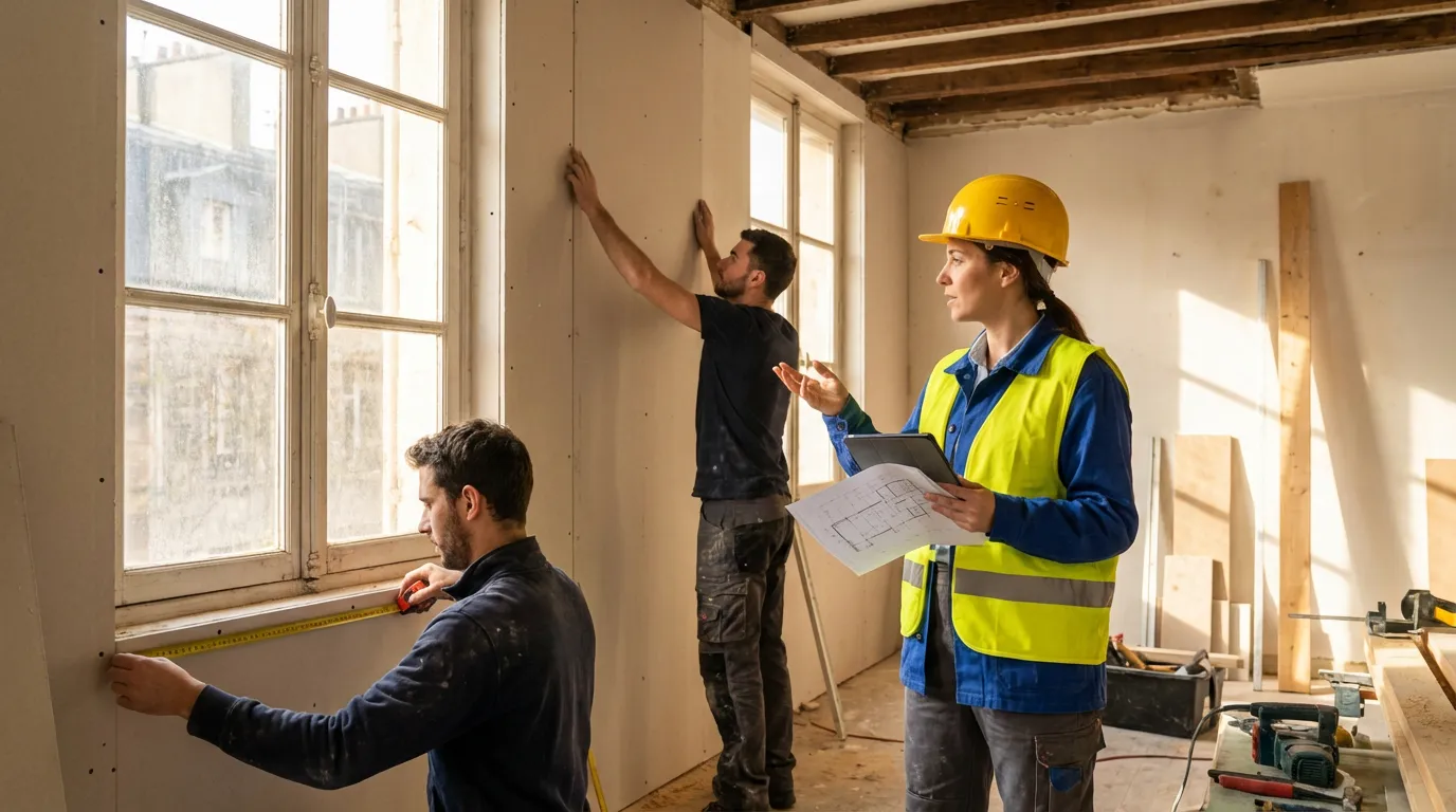 Une équipe de rénovation travaille en harmonie sur un chantier, sans interruption téléphonique