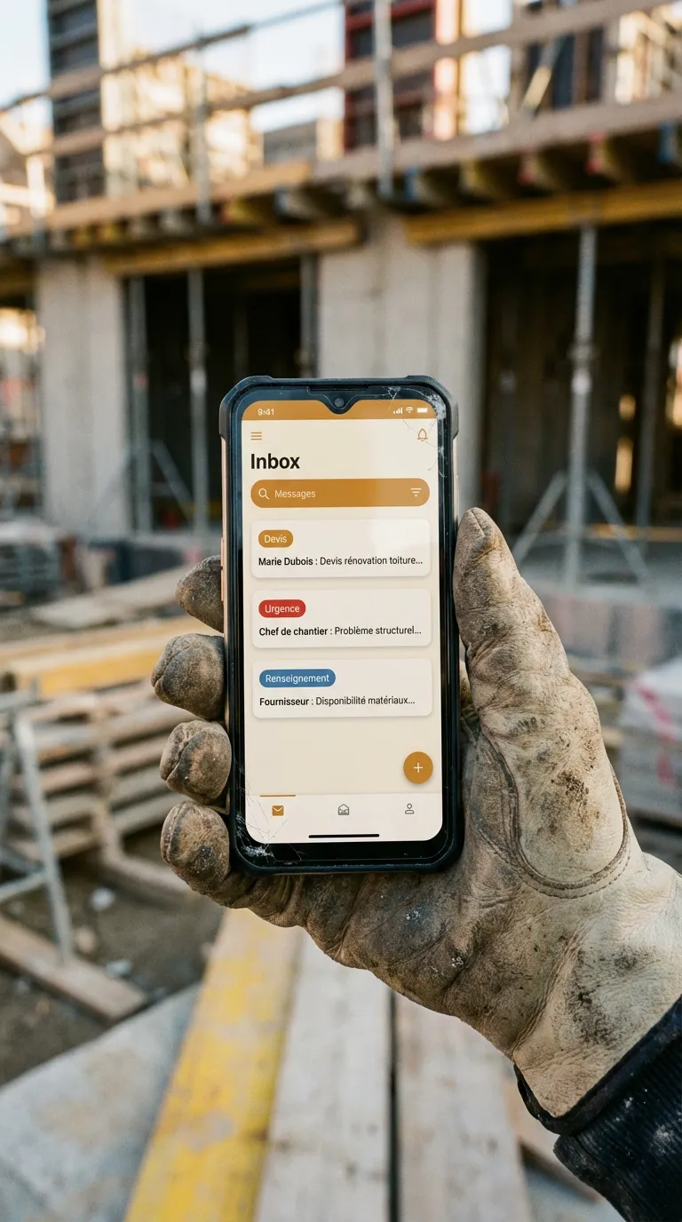 Fil de demandes trié sur smartphone : devis, urgences, renseignements — tout classé automatiquement