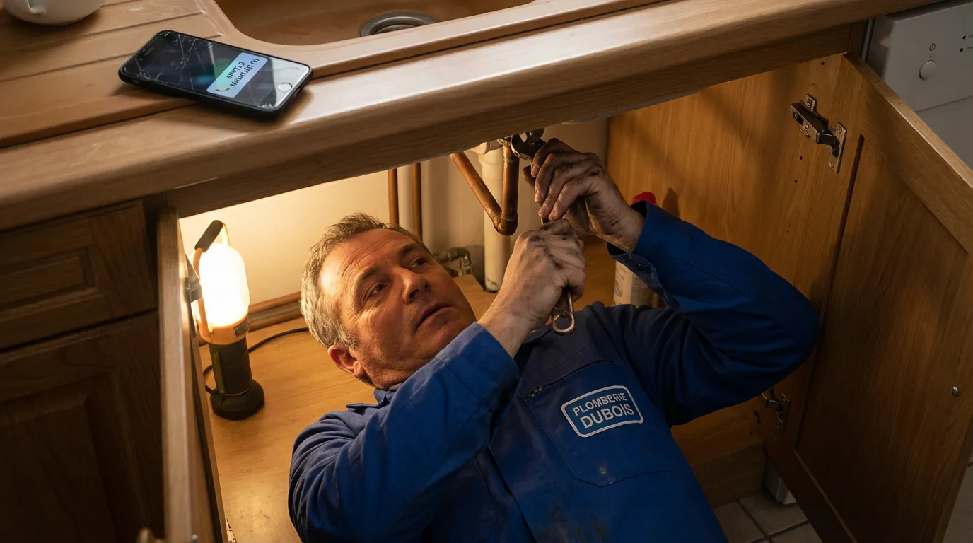 Un plombier travaille sous un évier de cuisine, concentré sur les tuyaux en cuivre, téléphone posé sur le plan de travail