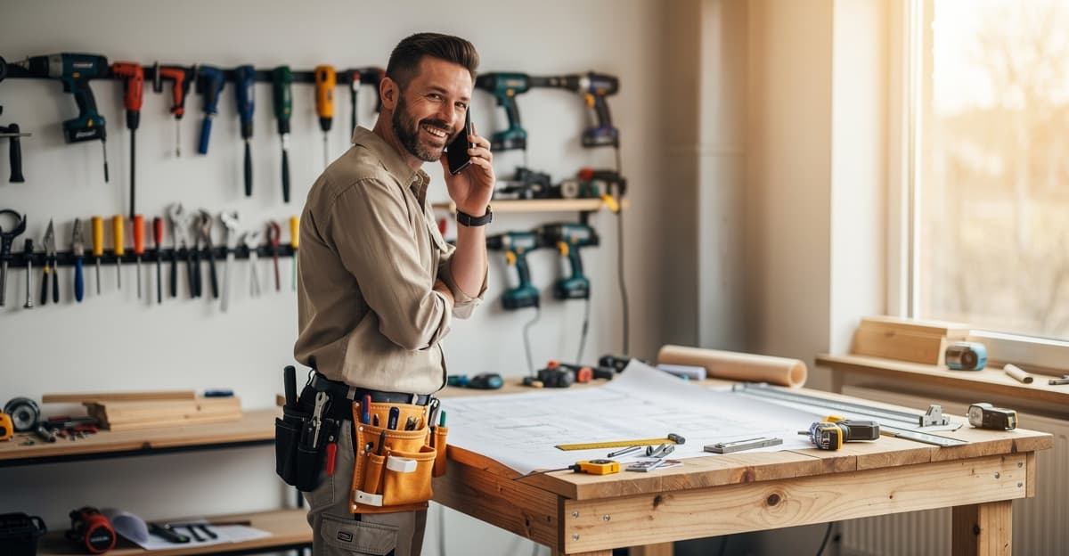 Artisan indépendant gérant son accueil téléphonique depuis son atelier lumineux