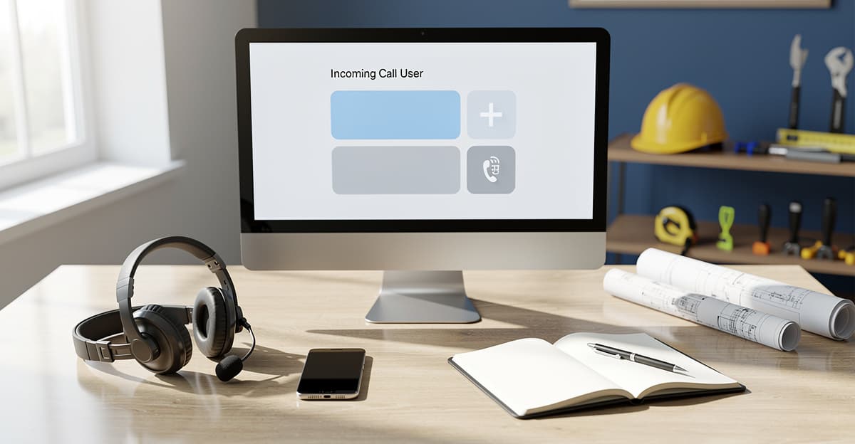 Accueil téléphonique entreprise dans un bureau d’artisan, avec smartphone, casque et outils de chantier en arrière-plan