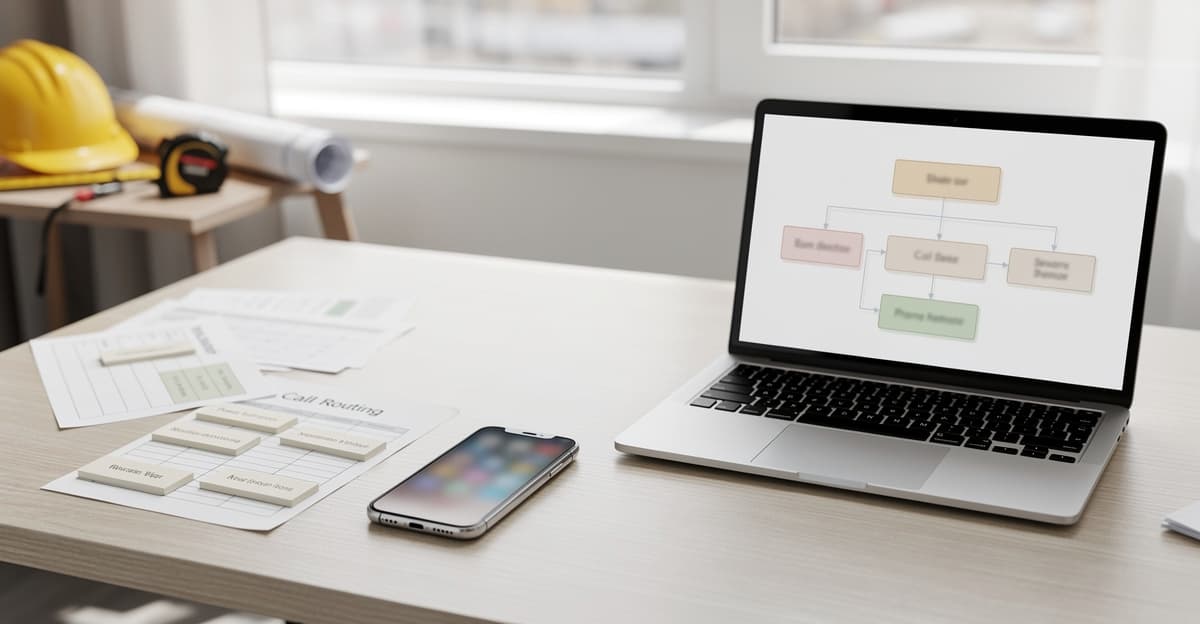 Accueil téléphonique entreprise sur smartphone et bureau, avec outils de chantier en arrière-plan