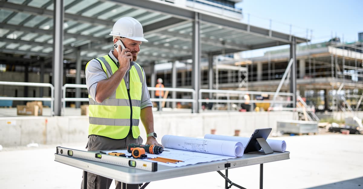 Accueil téléphonique entreprise sur chantier avec artisan au smartphone et plans de travail