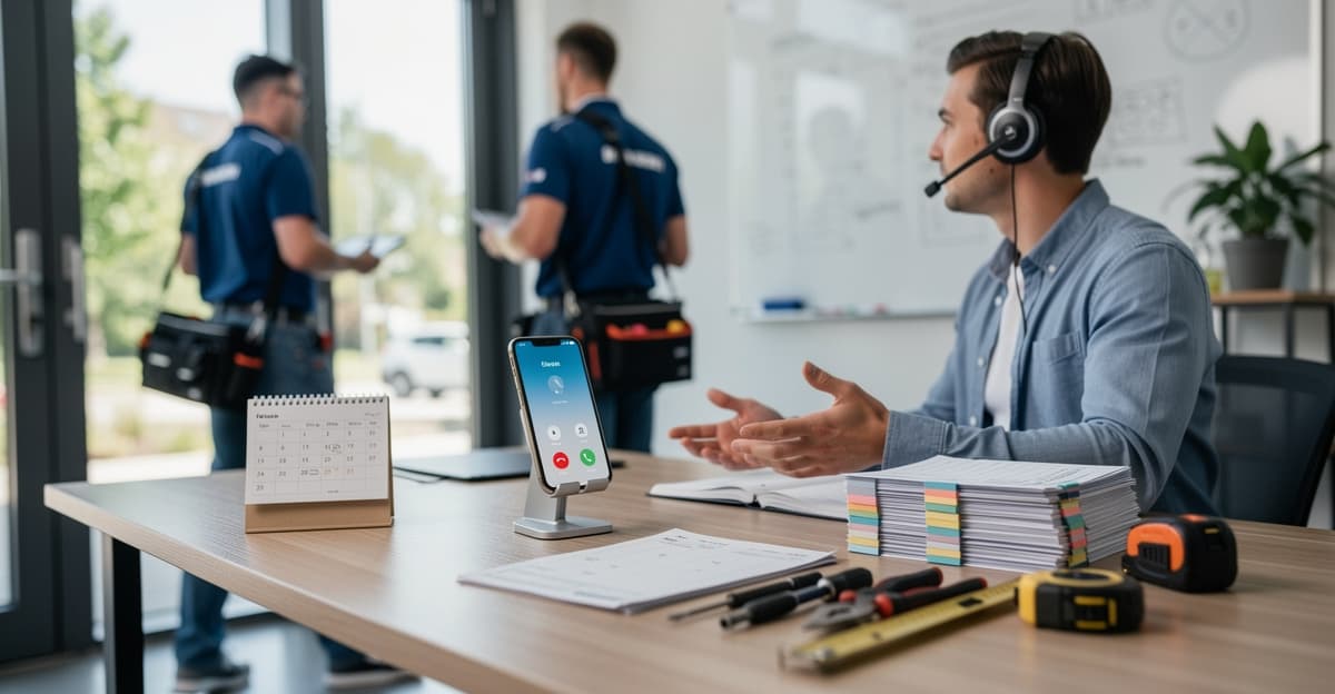 Accueil téléphonique entreprise dans un bureau moderne avec smartphone et documents de chantier