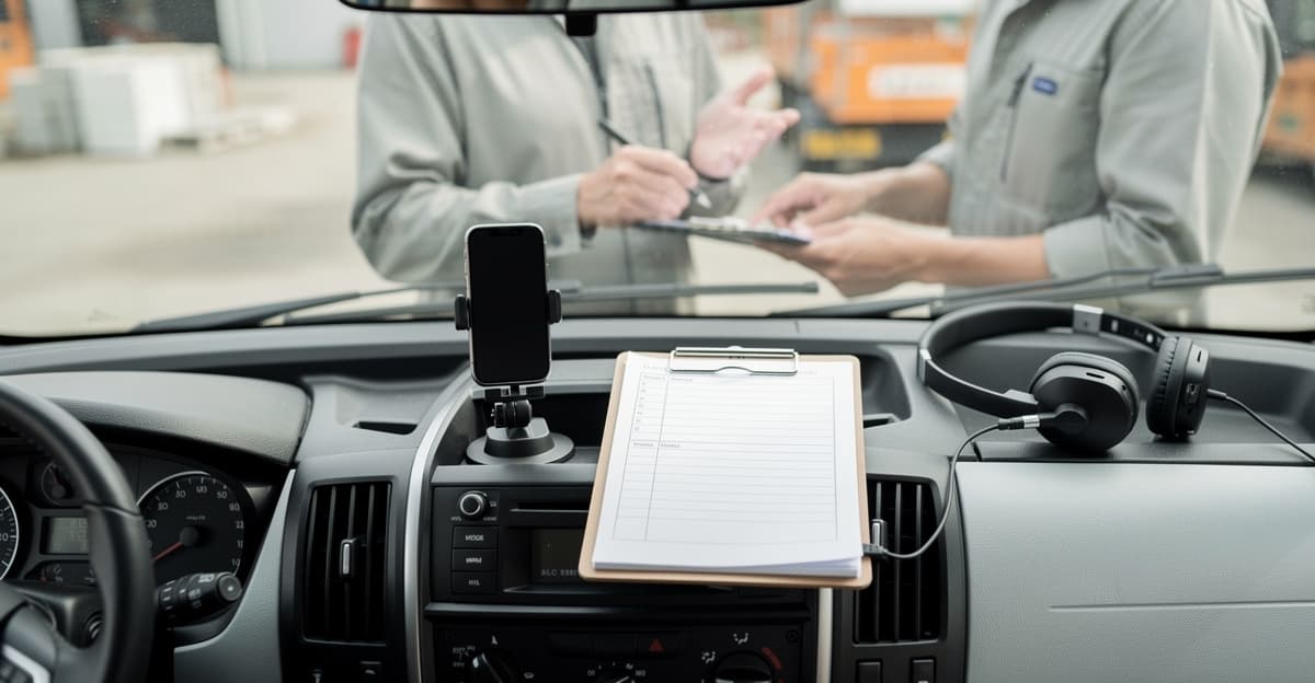 Accueil téléphonique entreprise pour artisan mobile avec smartphone, carnet et véhicule de chantier