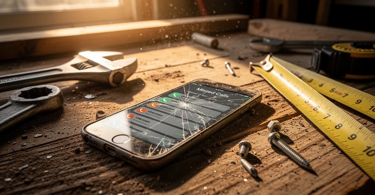 Smartphone d'artisan affichant des appels manqués posé sur un établi de chantier avec des outils