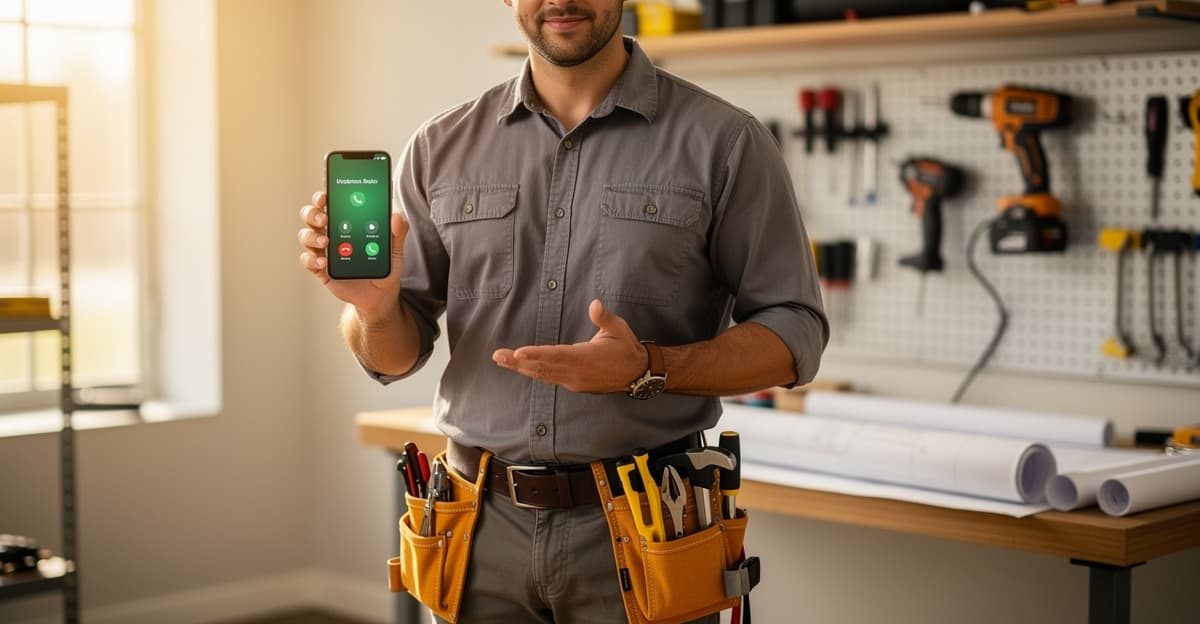 Artisan plombier consultant son assistant vocal sur smartphone entre deux interventions sur chantier