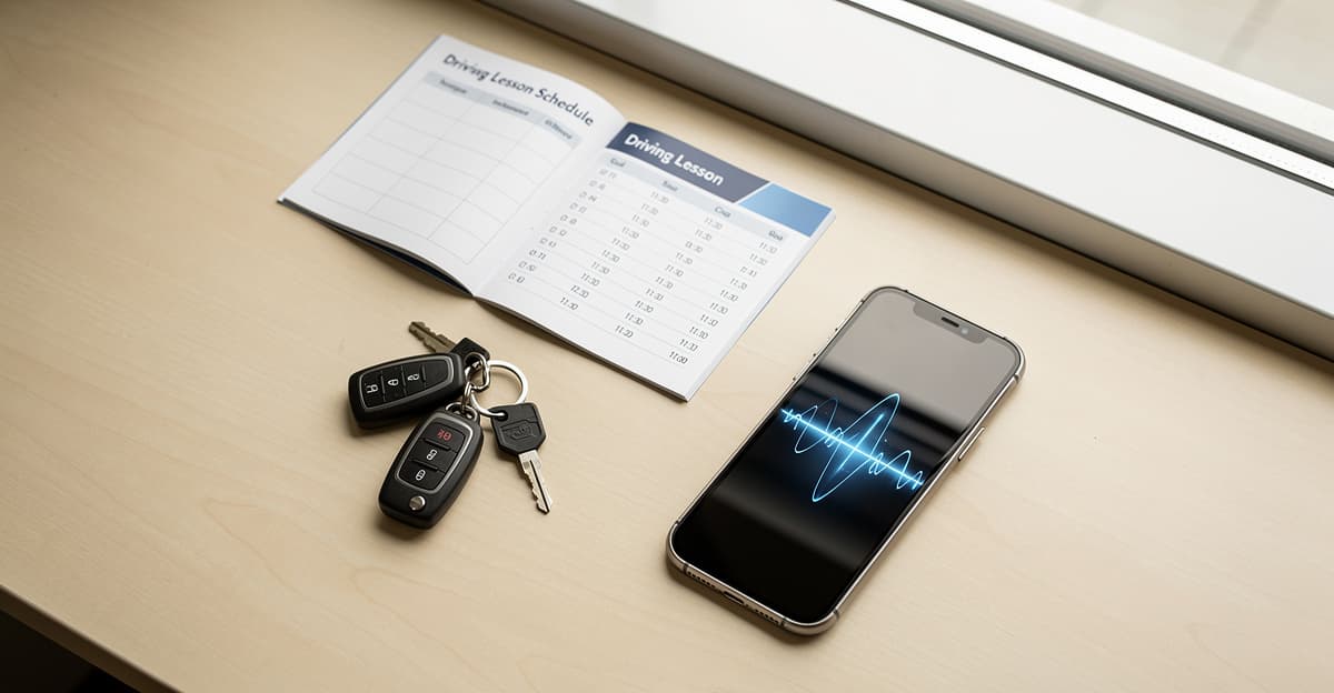 Assistant vocal auto école affiché sur smartphone posé sur un bureau de secrétariat d'auto-école moderne