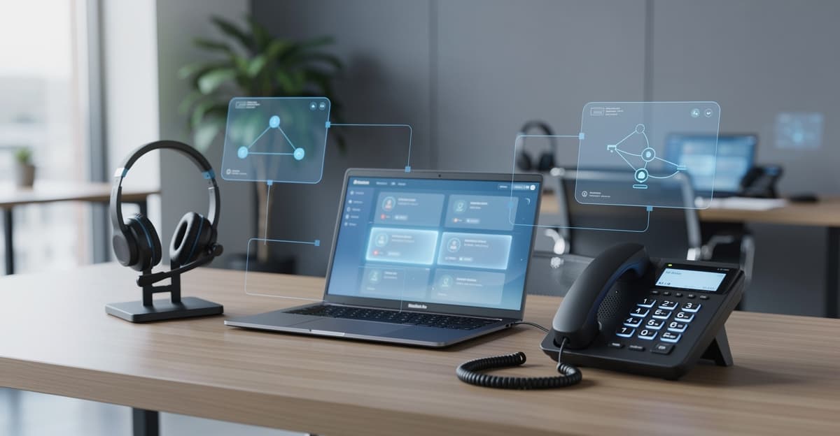 Assistant vocal IA en entreprise, avec téléphone, tableau de bord et interface d’automatisation dans un bureau moderne.