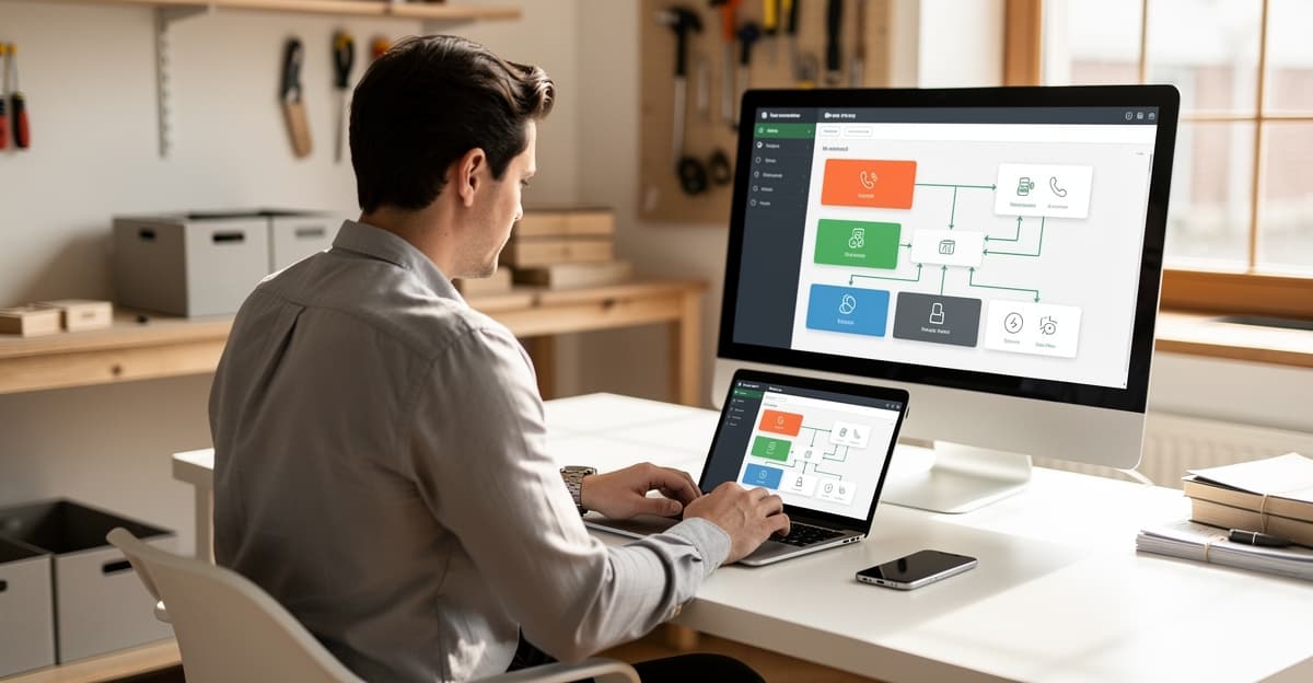 Artisan devant son poste de travail avec assistant vocal IA pour gérer les appels