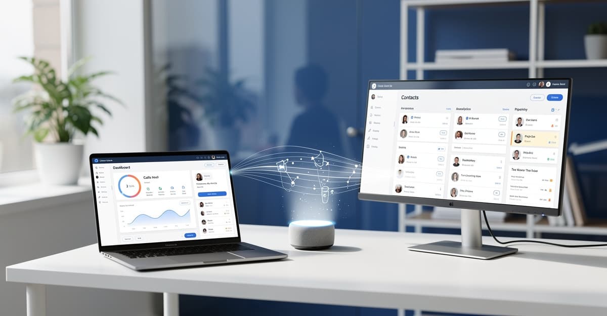 Assistant vocal IA et CRM sur un poste de travail moderne pour mieux convertir les appels.