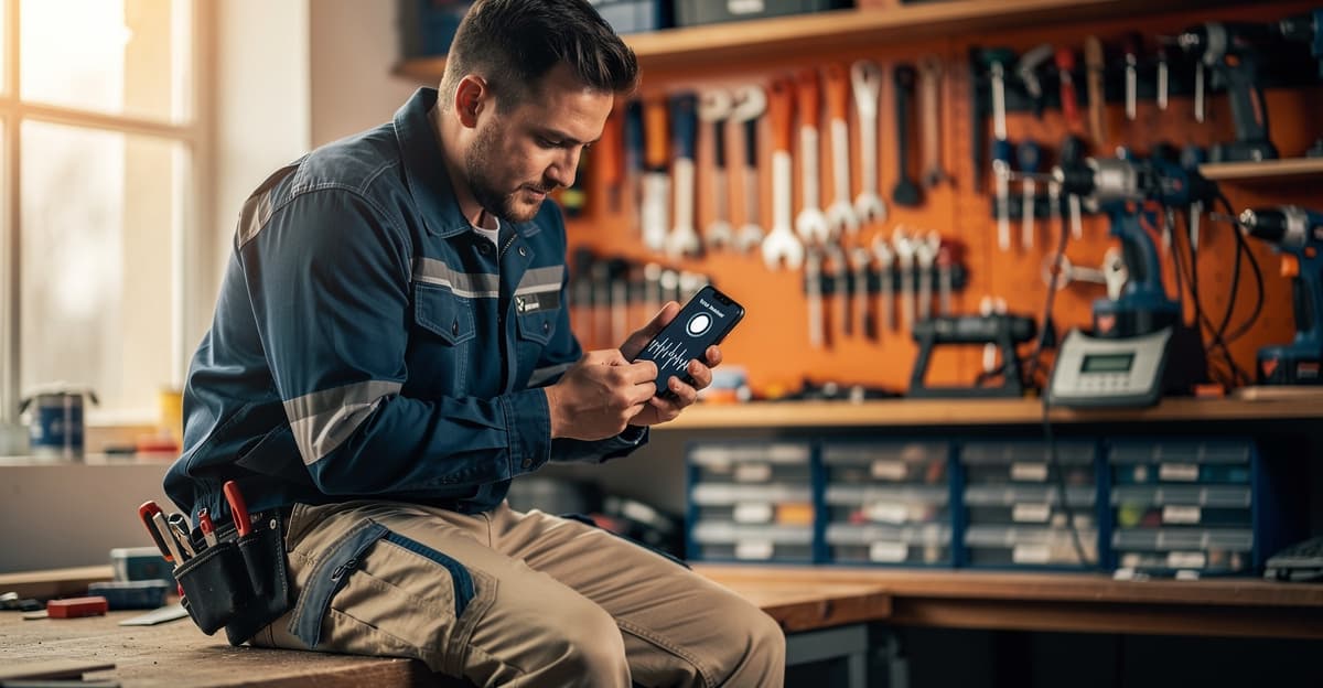 Artisan consultant son assistant vocal IA prix sur smartphone dans un atelier moderne bien éclairé