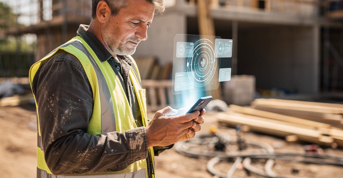 Artisan sur chantier gérant ses appels grâce à un assistant vocal secrétaire téléphonique depuis son smartphone