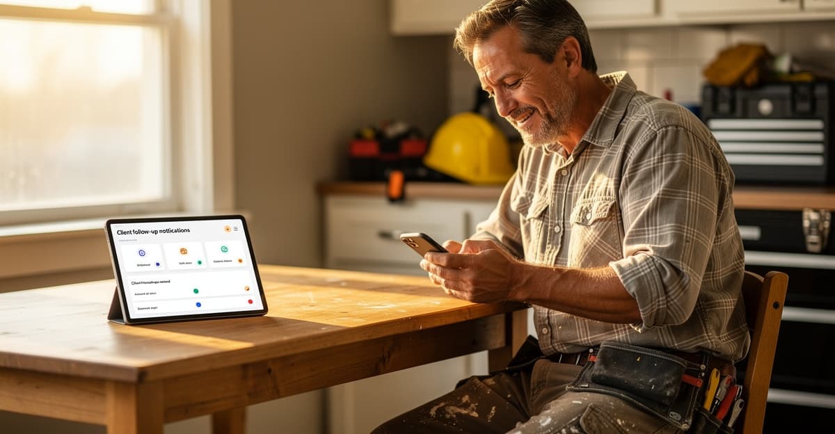 Artisan du bâtiment consultant son téléphone pour gérer l'automatisation relation client depuis son domicile