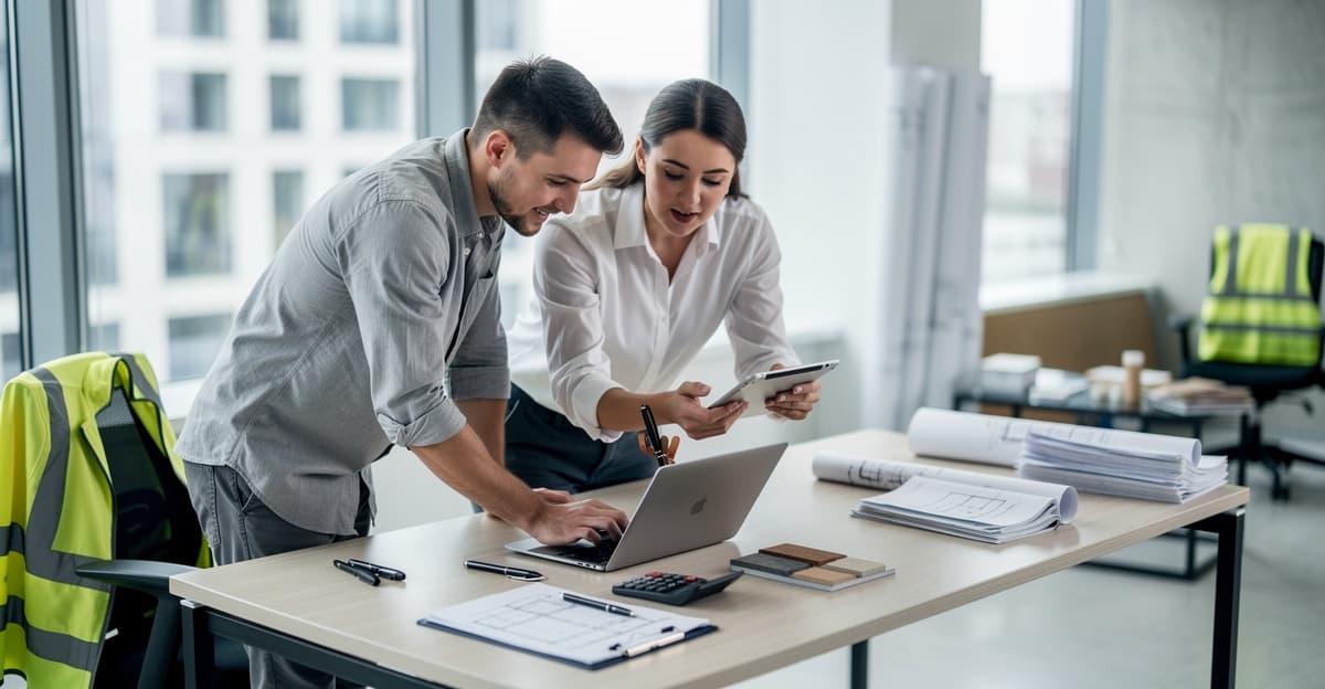 Professionnels du bâtiment analysant plusieurs demandes de devis artisan sur ordinateur dans un bureau lumineux