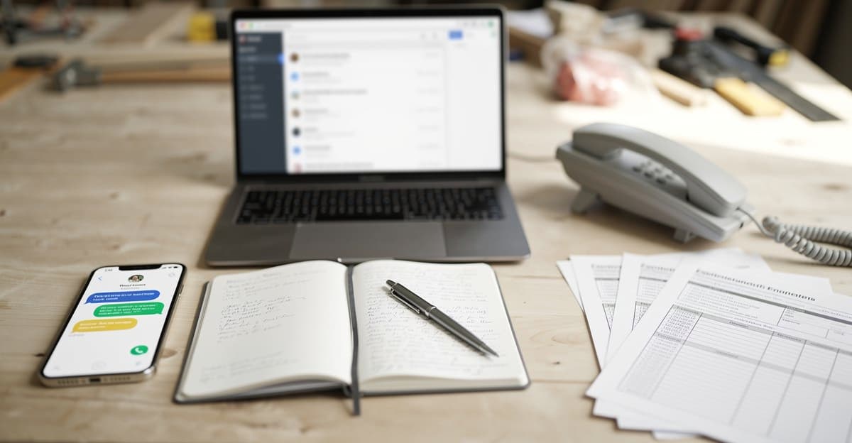 Artisan organisant des devis multicanaux sur un bureau avec téléphone, ordinateur et carnet