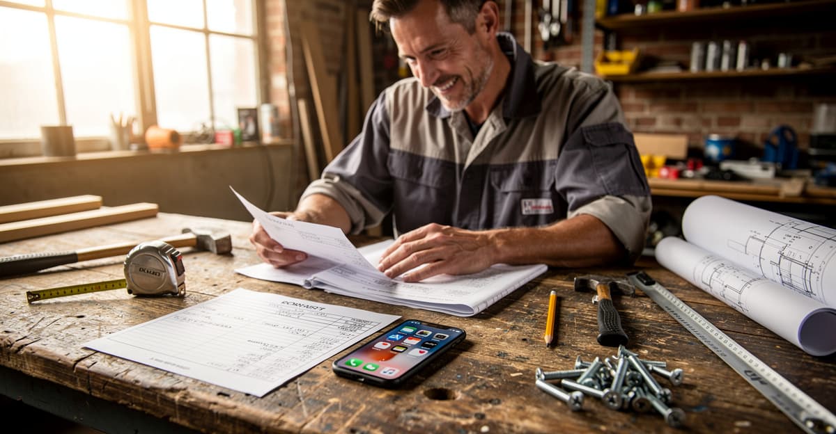 Artisan indépendant gérant ses devis entrants entre deux chantiers, smartphone et carnets de demandes sur établi
