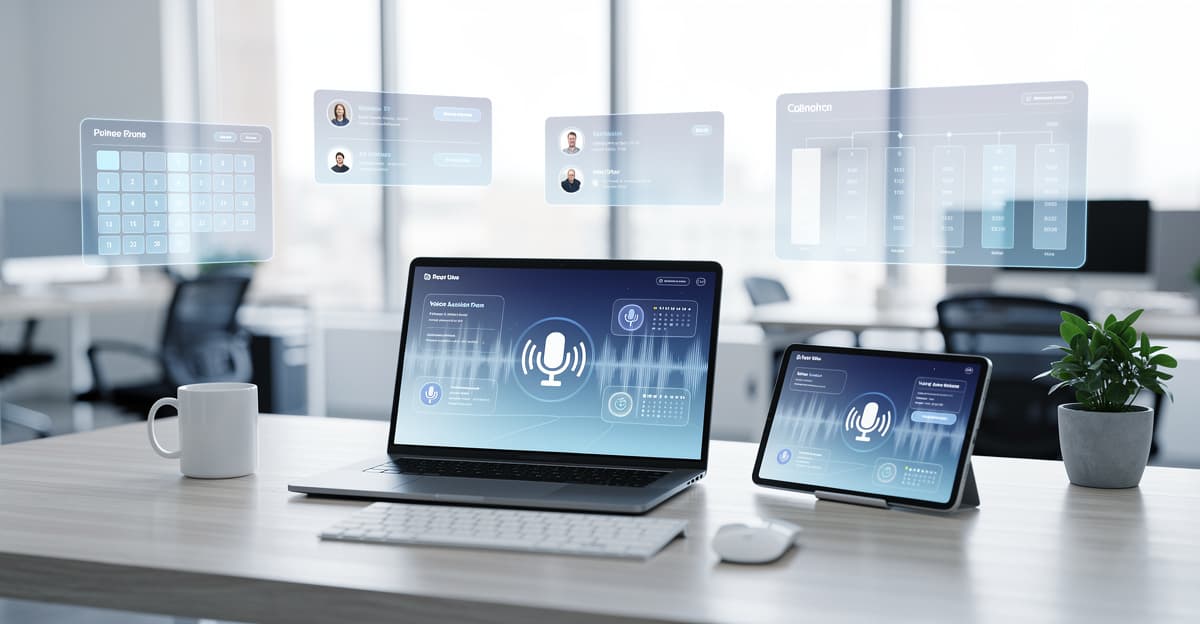 Interface de meilleur assistant vocal dans un bureau moderne avec outils CRM et agenda
