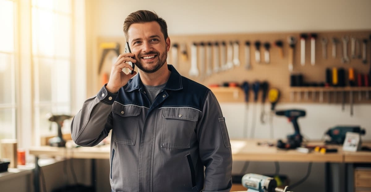 Artisan souriant au téléphone dans son atelier — message d'accueil téléphonique artisan professionnel