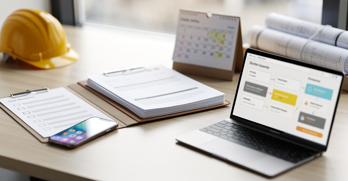 Bureau pro avec devis, téléphone et checklist pour illustrer les objections devis