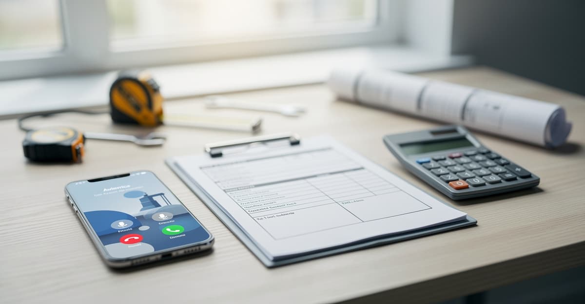 Couverture sur la qualification appels dans une petite entreprise du bâtiment, avec smartphone, notes et outils.