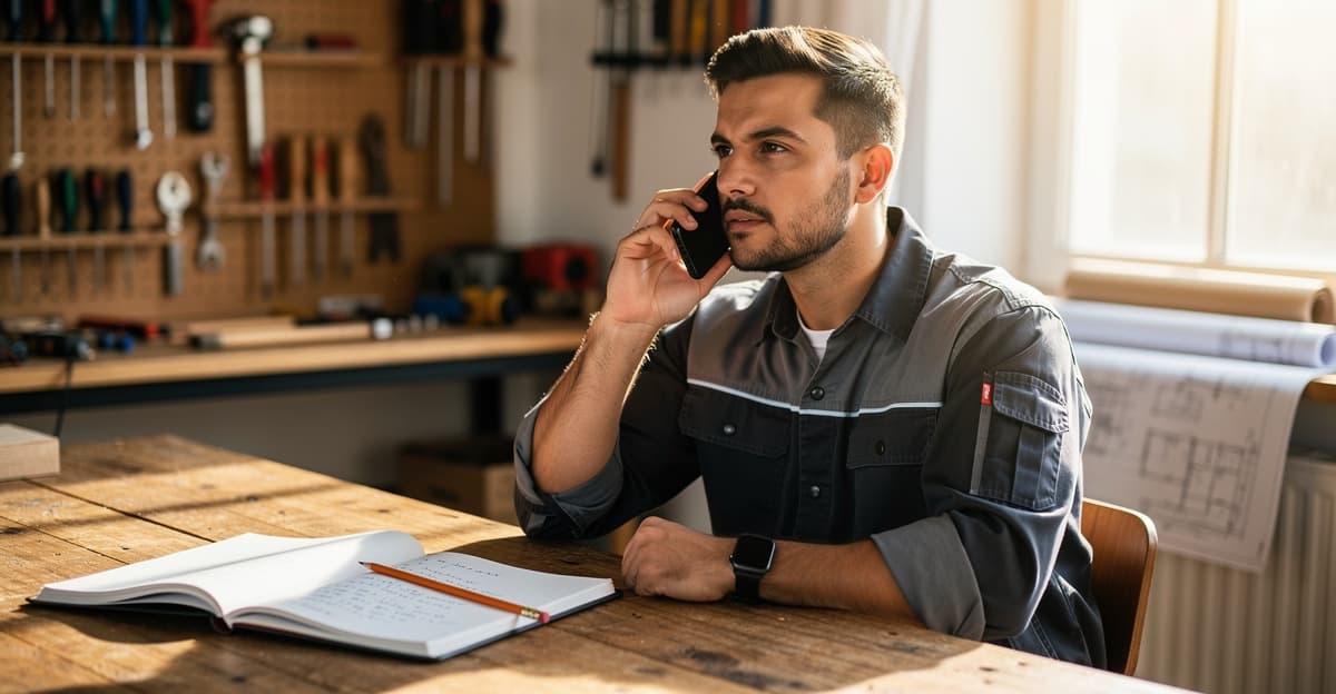 Artisan au téléphone pratiquant la qualification devis téléphone avec un carnet de notes ouvert devant lui