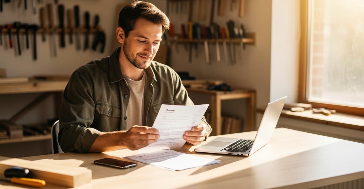 Artisan assis à son bureau consultant un devis sur papier avec son téléphone pour une relance devis artisan