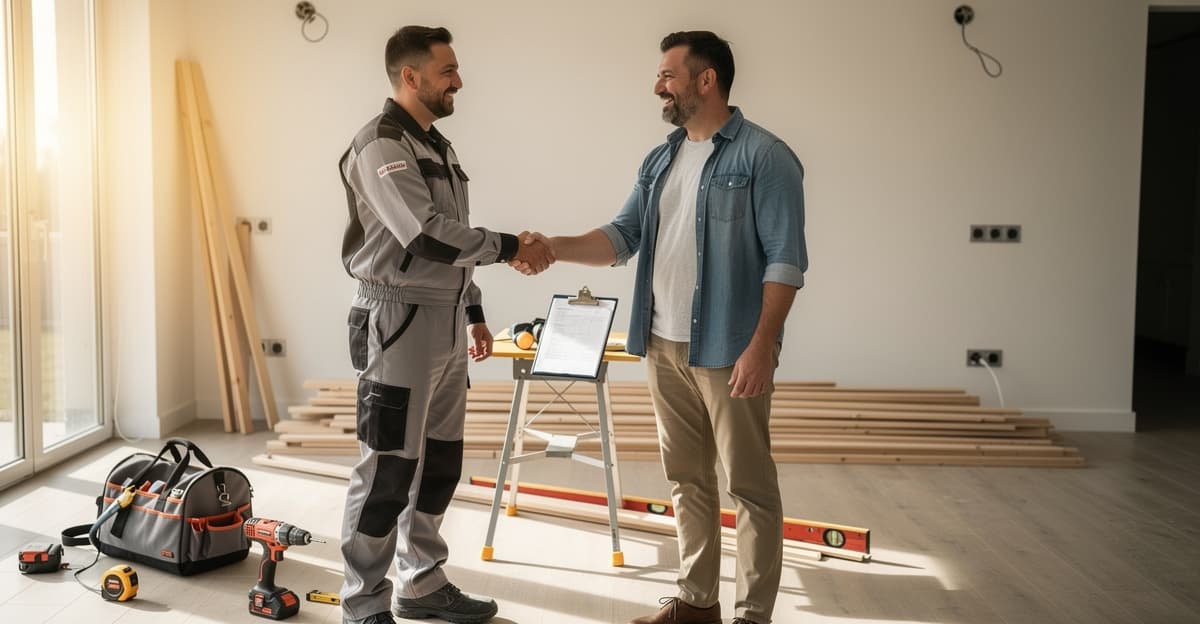 Artisan du bâtiment serrant la main d'un client lors d'un premier rendez-vous chantier — relation client artisan