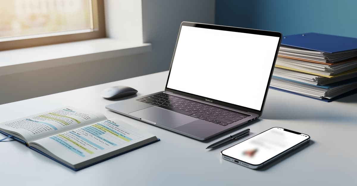 Bureau moderne avec ordinateur, smartphone et carnet pour illustrer la relation client avant devis.