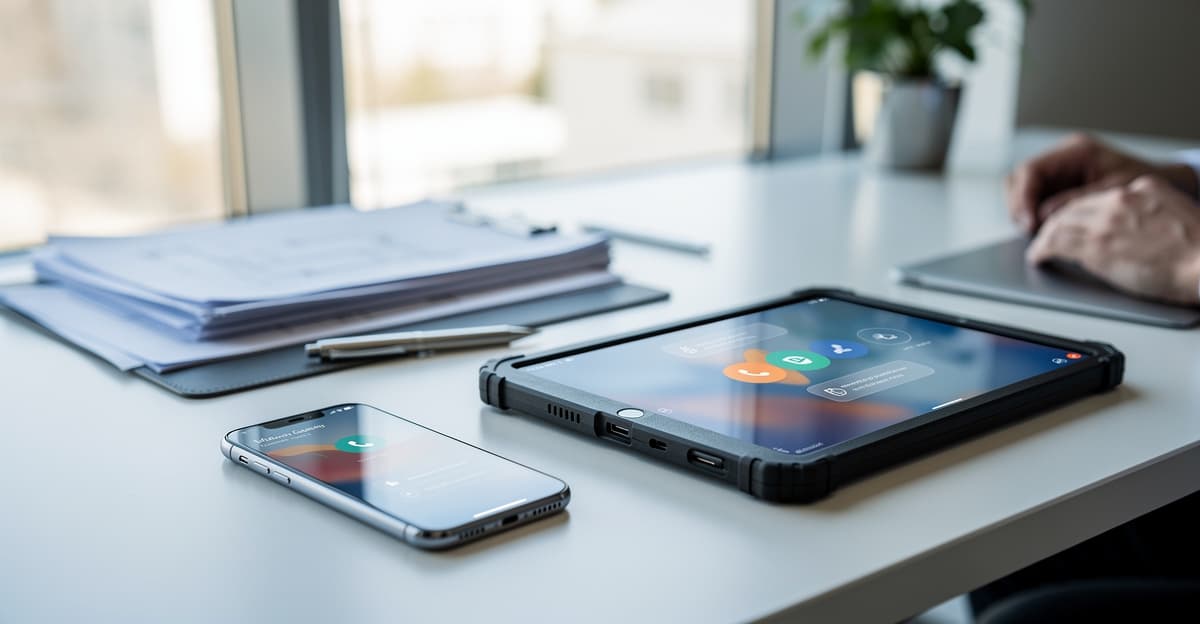 Renvoi appel illustré par un smartphone et une tablette de chantier sur un bureau professionnel.