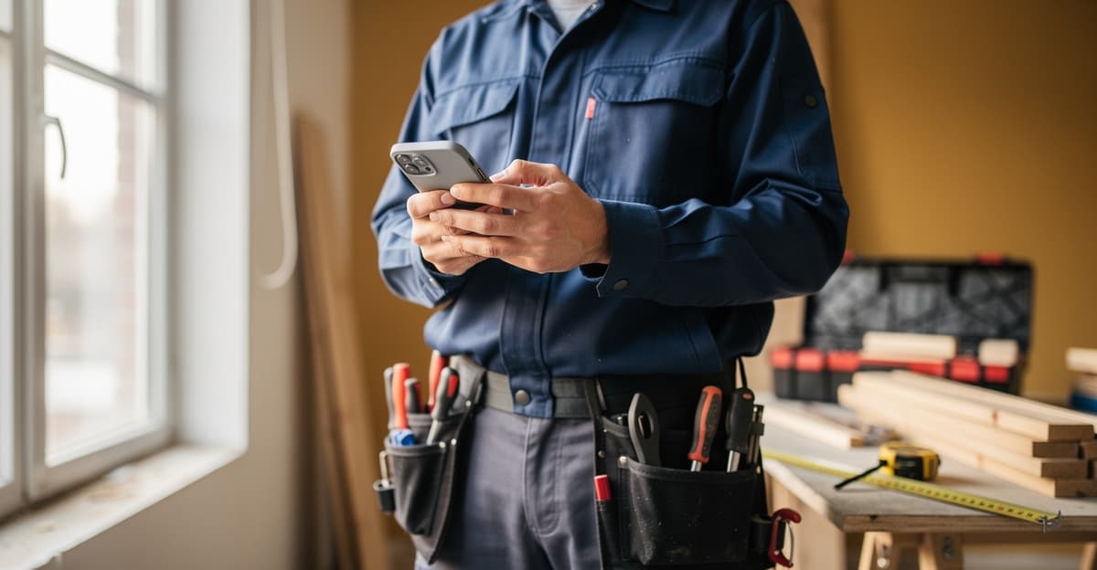 Artisan consultant son répondeur professionnel sur chantier pour ne pas rater d'appels clients