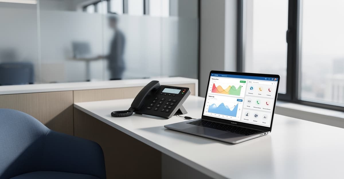 Bureau moderne avec téléphone et tableau de gestion pour illustrer un repondeur professionnel