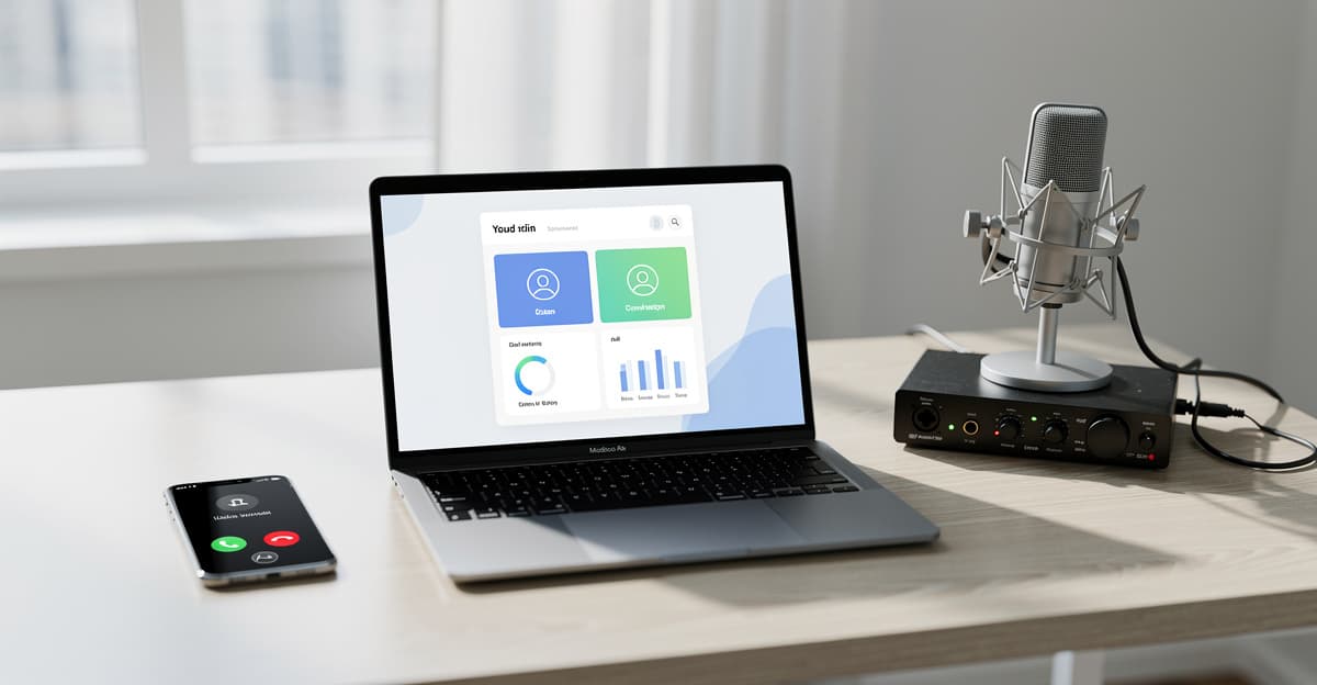 Bureau moderne avec smartphone, ordinateur et repondeur professionnel pour gérer les appels entrants.