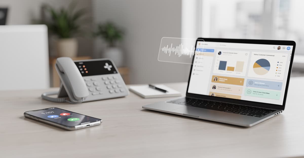 Bureau moderne avec repondeur professionnel et gestion d’appels sur écran