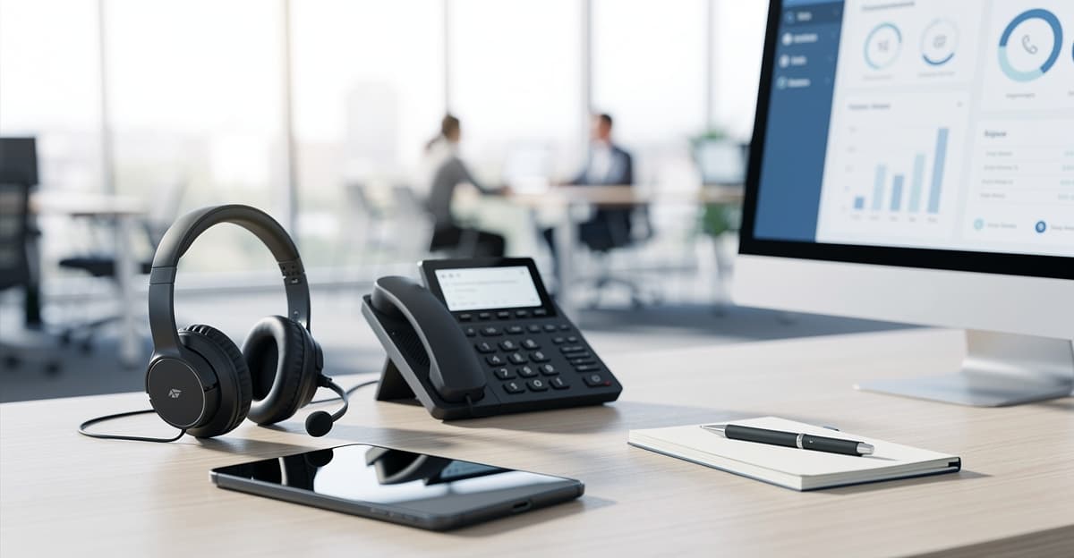 Visuel de repondeur professionnel sur un bureau moderne avec téléphone, casque et écran de gestion d’appels.